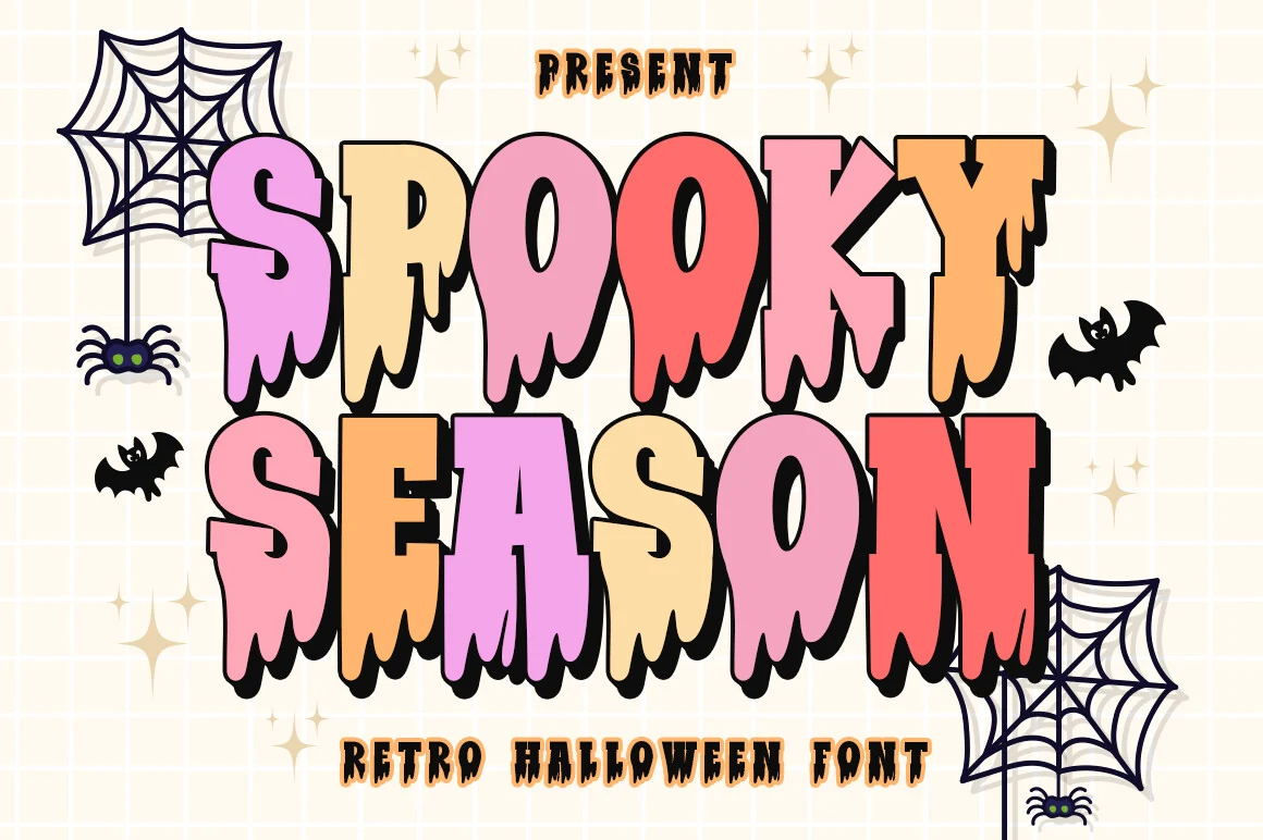 Spooky Season Font with bold chunky letters, dripping bottoms, and distressed irregular outlines.