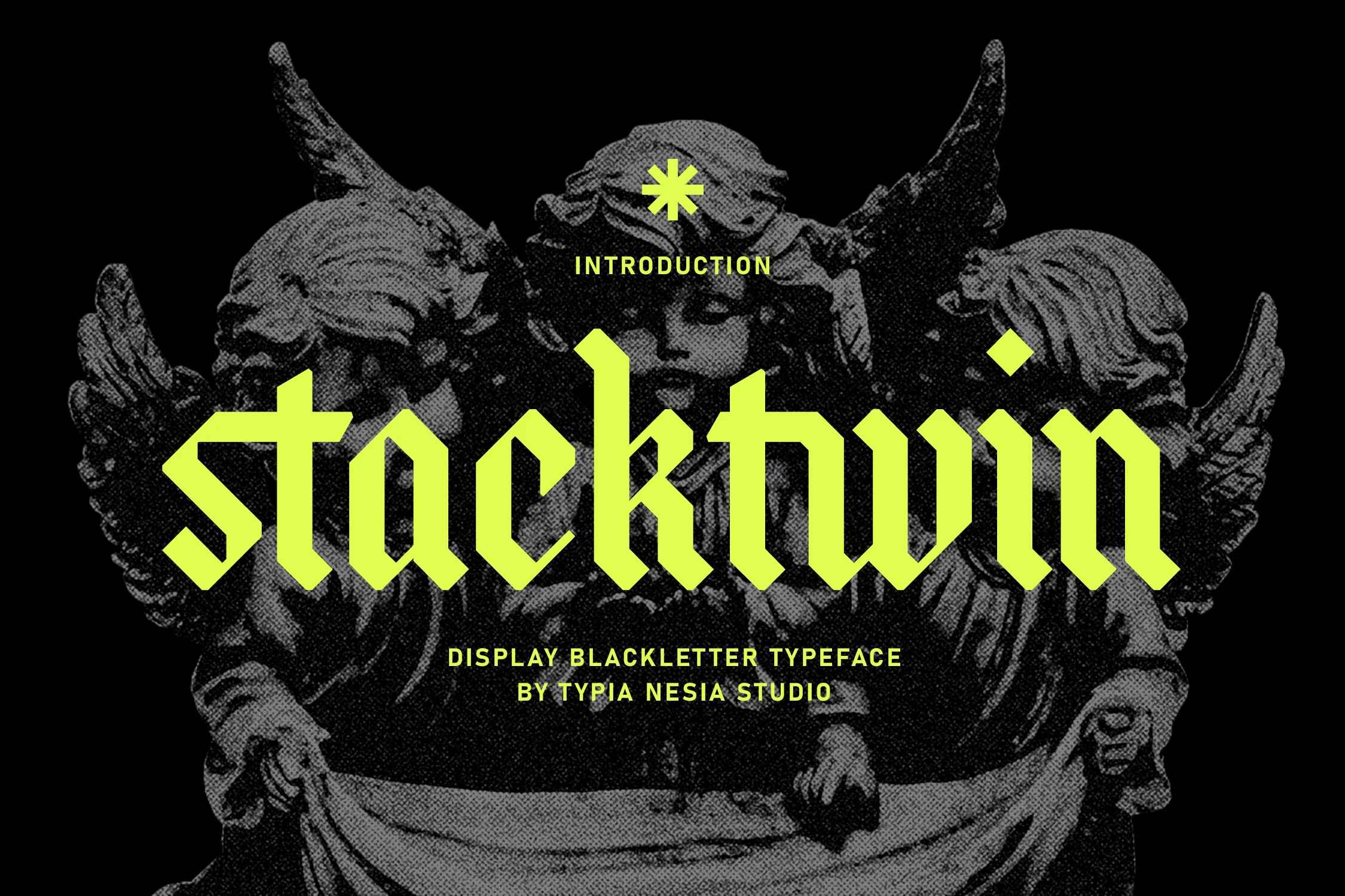 Stackwin Font displays an upright angular blackletter style with heavy strokes, pointed terminals, and condensed proportions.