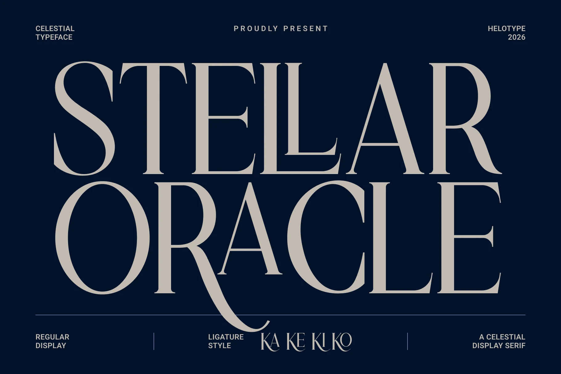 Stellar Oracle Font is a high-contrast display serif with sharp serifs, extended proportions, and an elongated swash on the letter R.