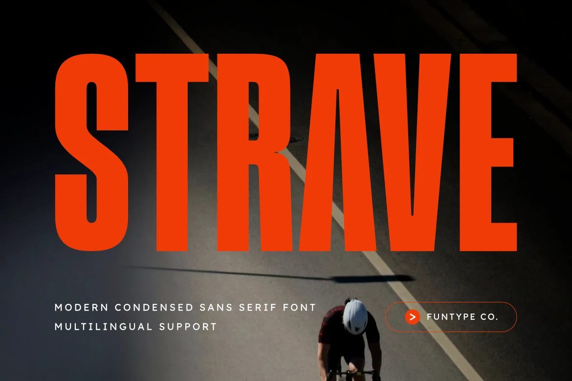 Strave Font is an ultra-condensed, heavy sans serif with tall proportions, squared terminals, and tight spacing.