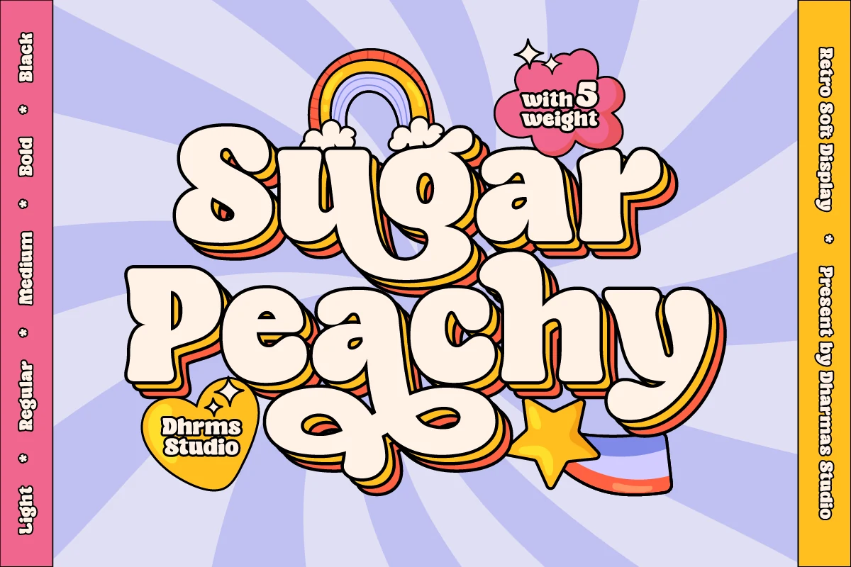 Sugar Peachy font with thick monolinear strokes, rounded terminals, and bold bubble-style letterforms.
