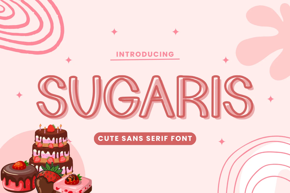 Sugaris Font rounded all-caps display lettering with monoline strokes, rounded terminals, and an offset shadow effect.