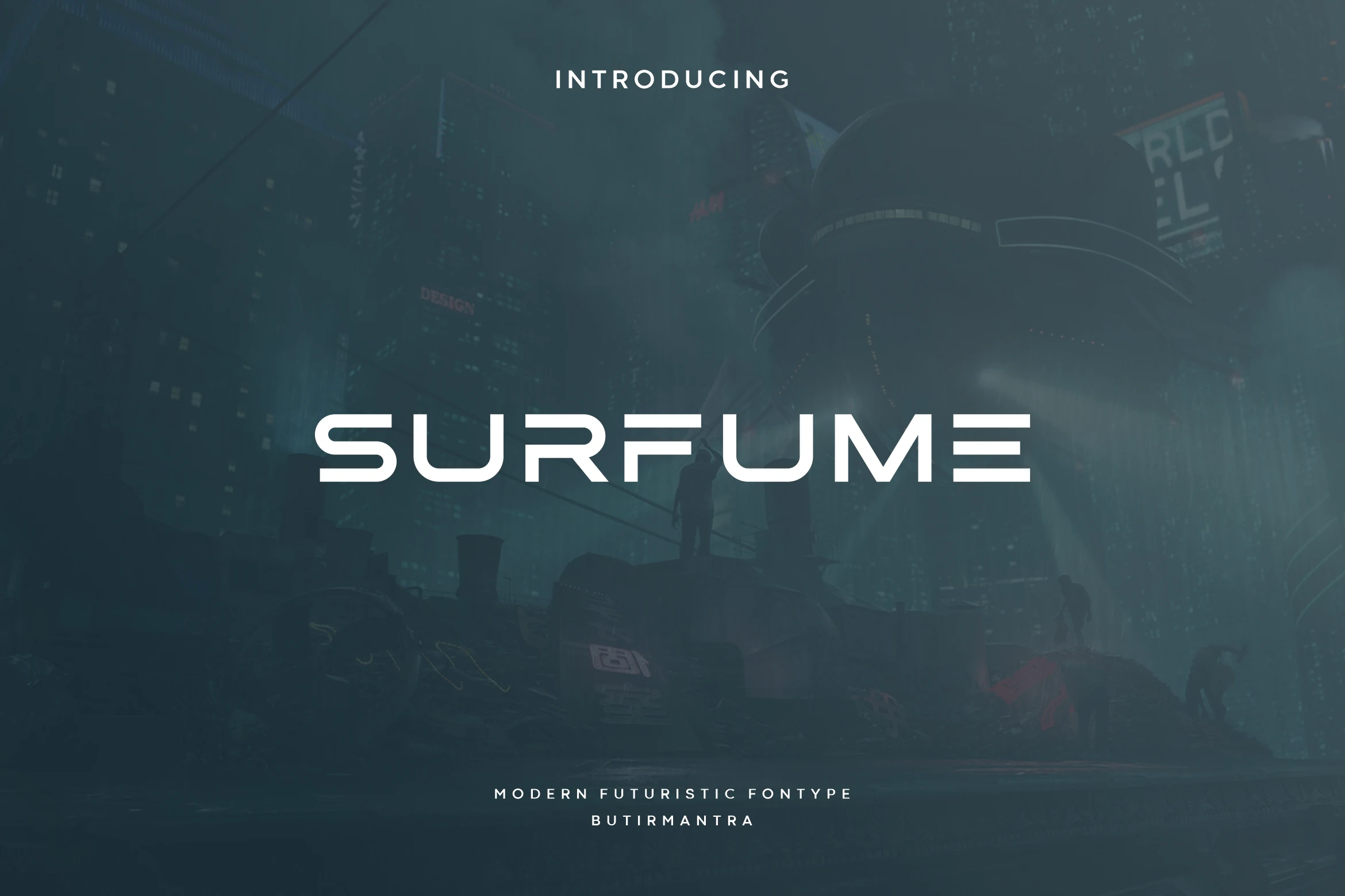 Surfume Font is a wide futuristic display sans serif with geometric monolinear letterforms, open counters, and stencil-like gaps in the letter E.