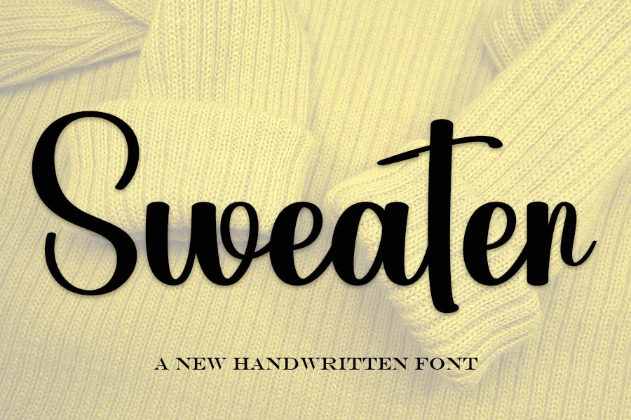 Sweater Font in a connected handwritten script with high stroke contrast, rounded terminals, and flourished entry and exit strokes.