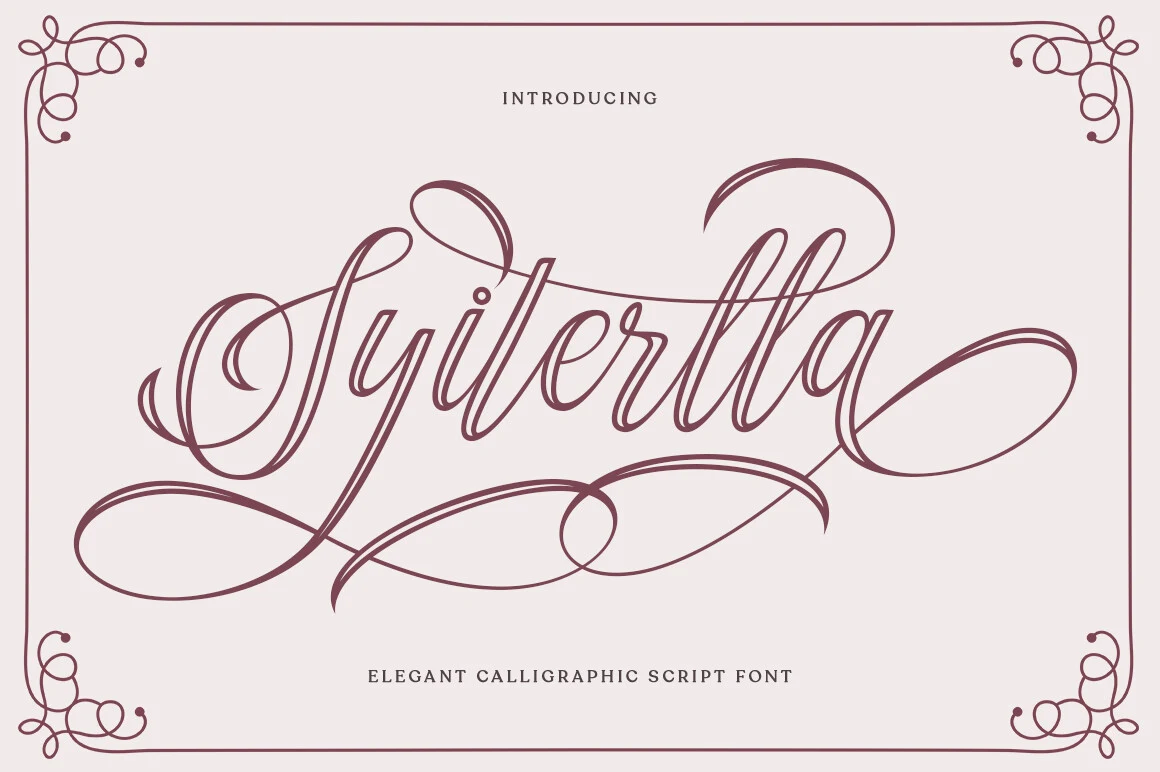 Syiterlla Outline Font features interconnected calligraphic letters with high stroke contrast, a forward-leaning slant, and elaborate flourishes.