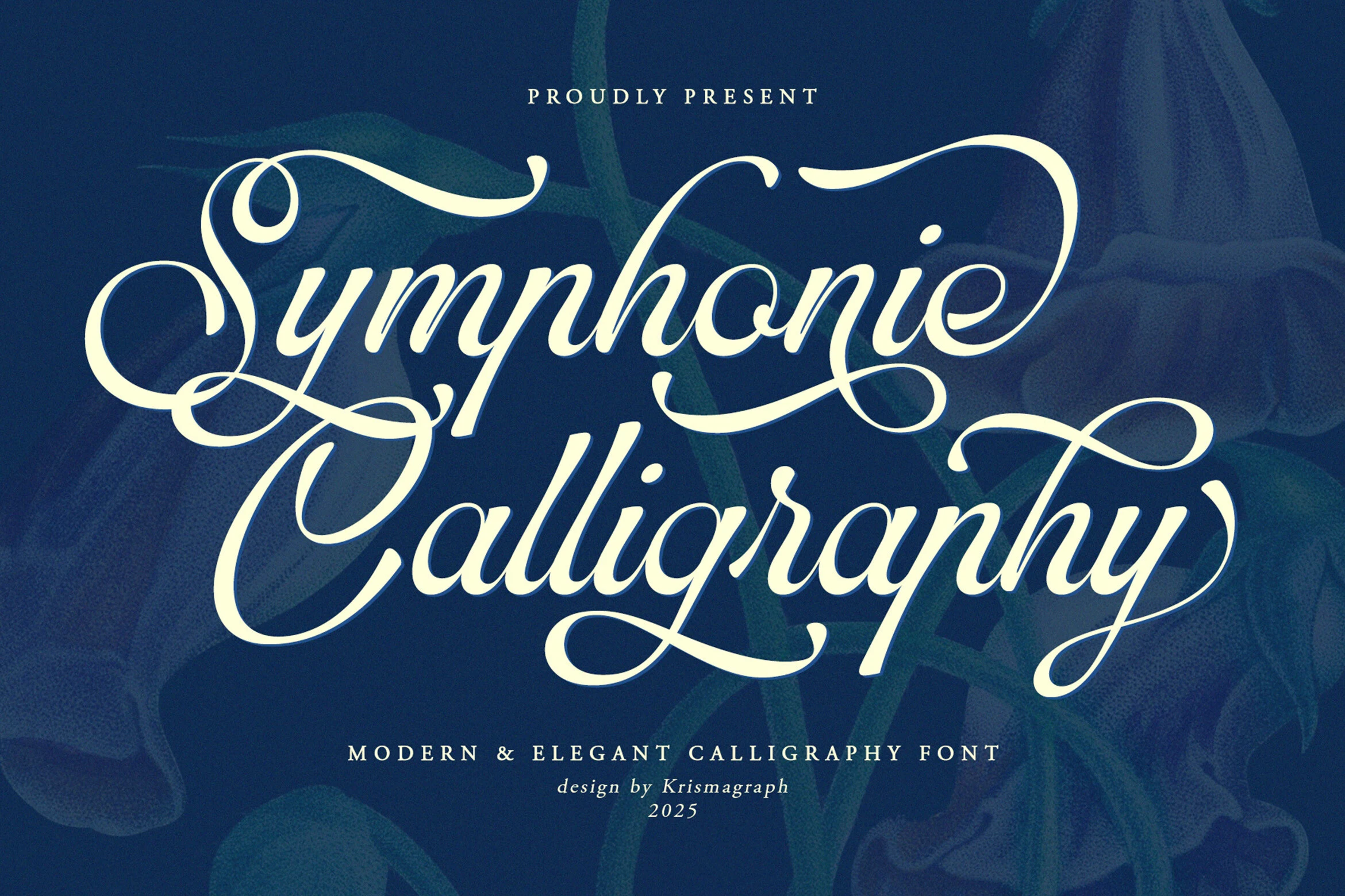 Symphonie Calligraphy Font featuring high stroke contrast and connected, flowing cursive letterforms