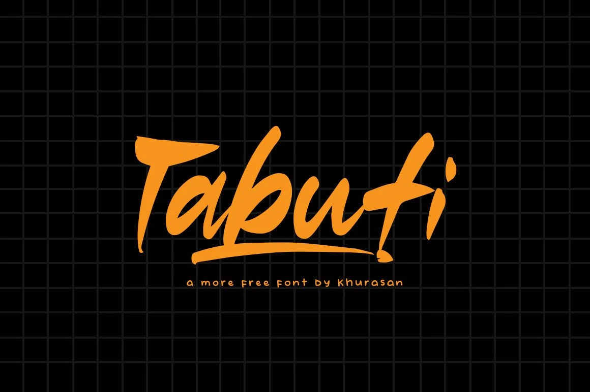 Tabuti Font featuring bold brush-script lettering with varied stroke weights and a sweeping underline flourish.