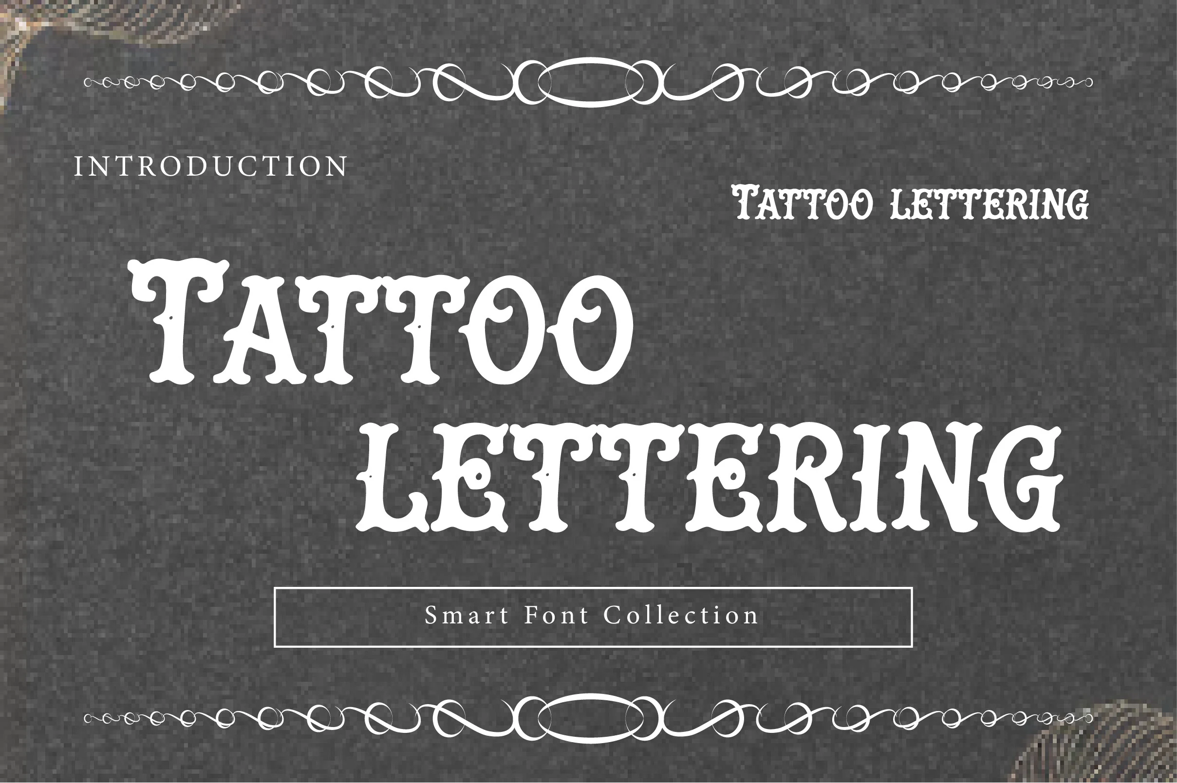 Tattoo Lettering Font with heavy bracketed serifs, high stroke contrast, and ornamental circular accents.