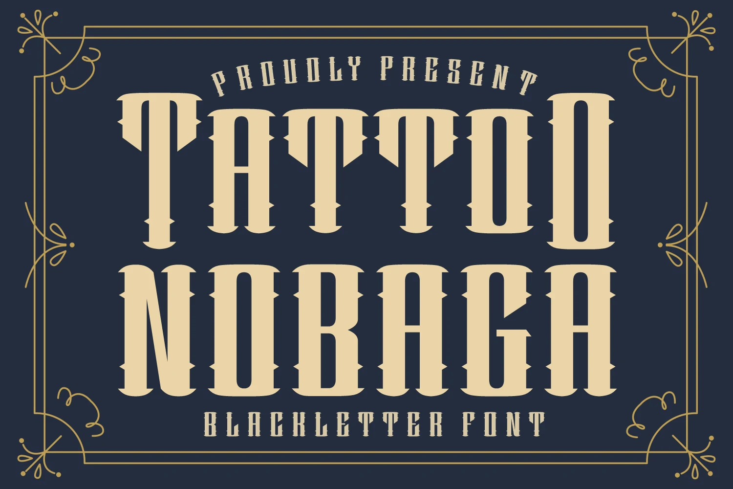 Tattoo Nobaga Font in a tall, narrow blackletter style with sharp notched serifs and high stroke contrast.