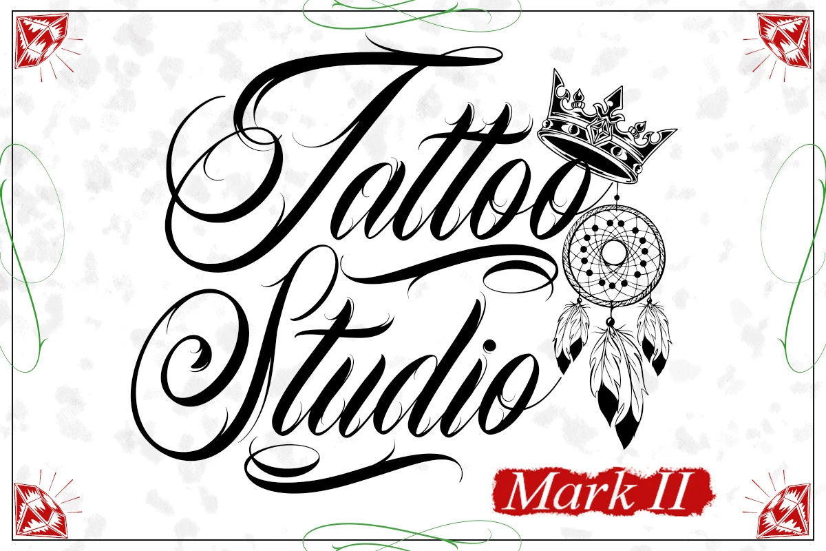Tattoo Studio Font featuring decorative connected script lettering with high-contrast strokes and extended swashes.