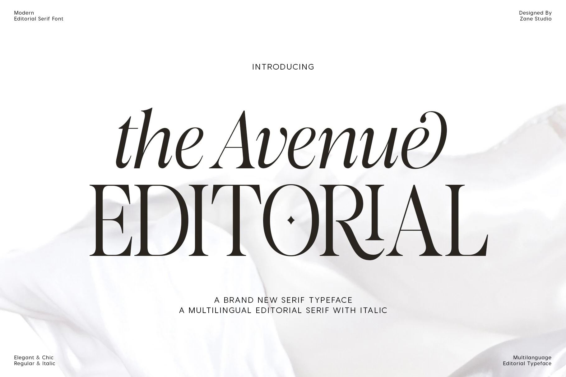 The Avenue Editorial font showing high-contrast serif lettering with sharp serifs, italic forms, and decorative flourishes.