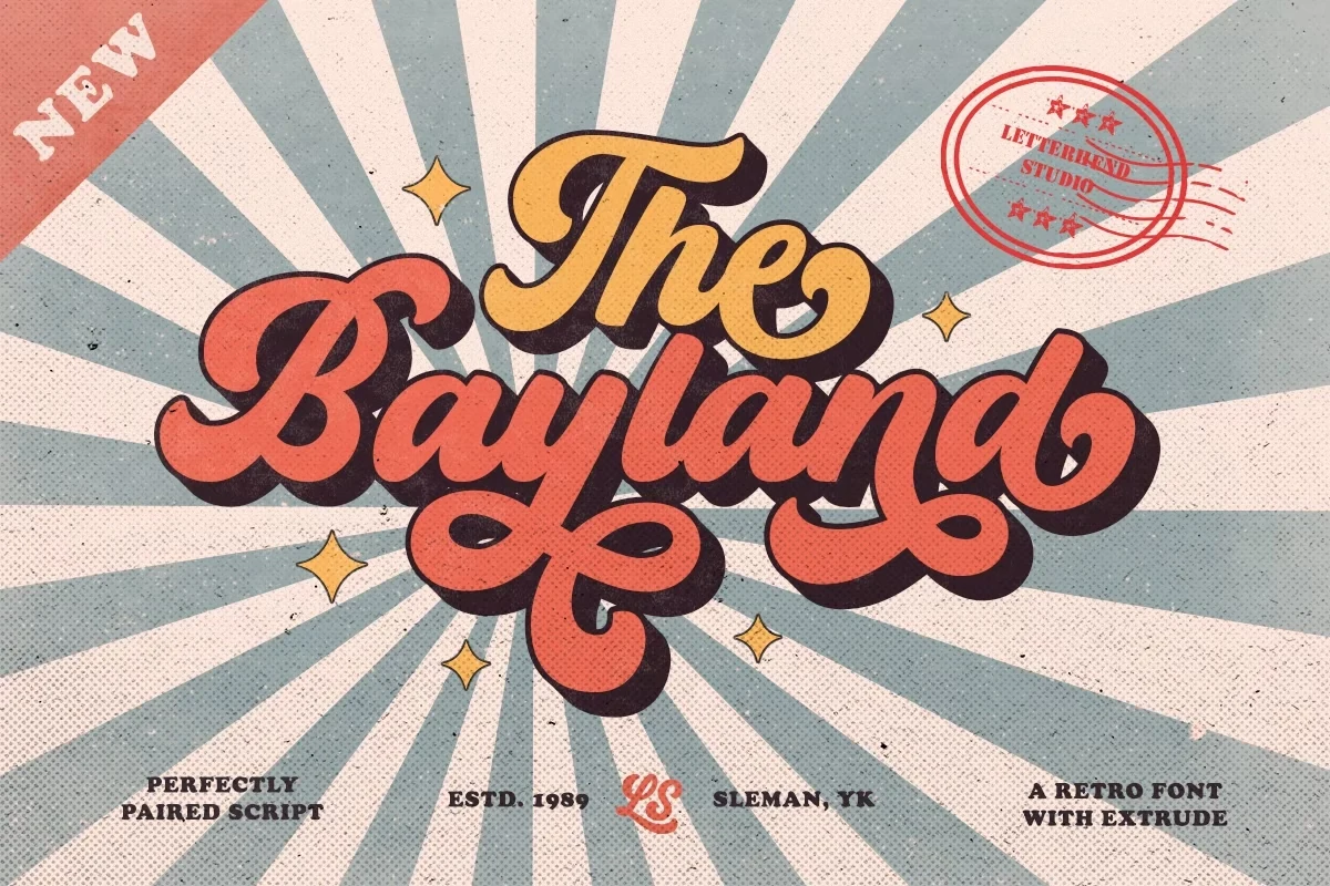 The Bayland Font featuring bold connected retro script with rounded terminals and decorative flourishes.