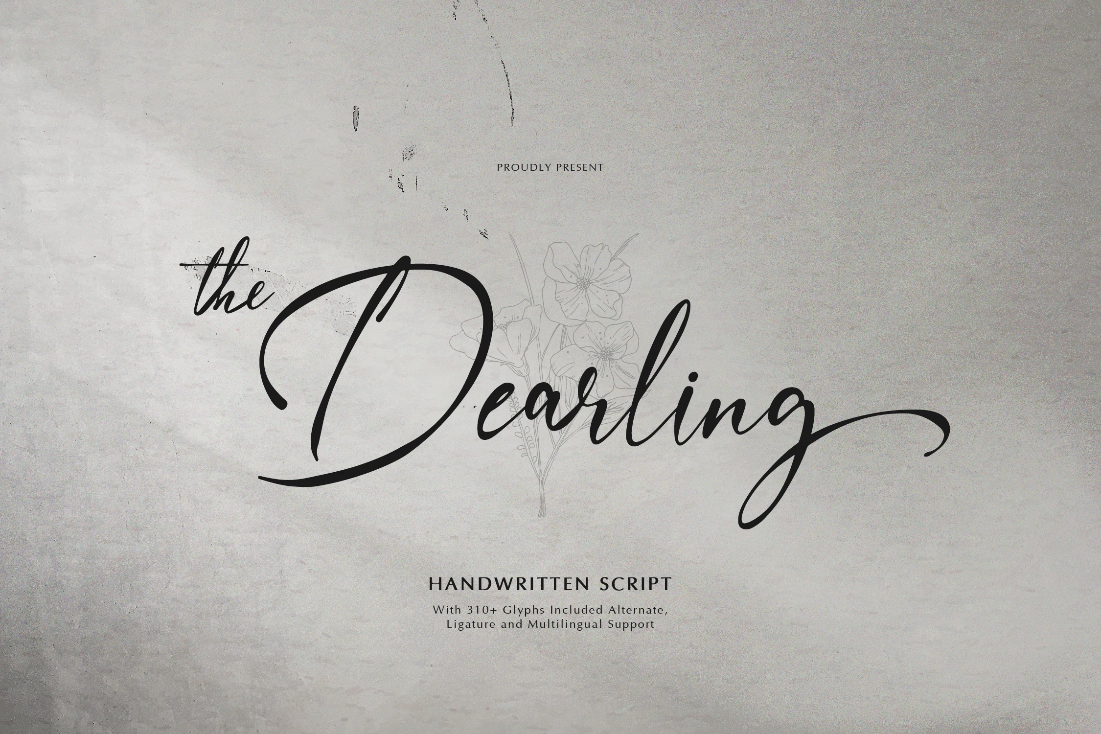 The Dearling Font is a high-contrast script with fluid connected letters, a pronounced rightward slant, and swash terminals on capitals.
