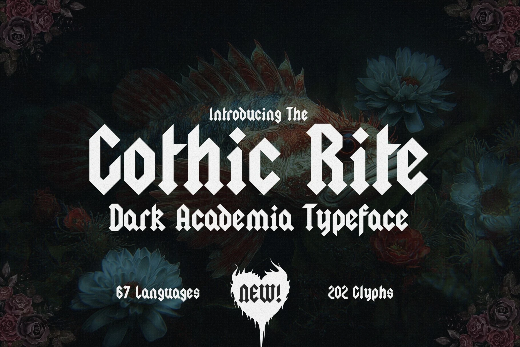 The Gothic Rite Font features sharp angular forms, high stroke contrast, fractured terminals, and condensed vertical proportions.