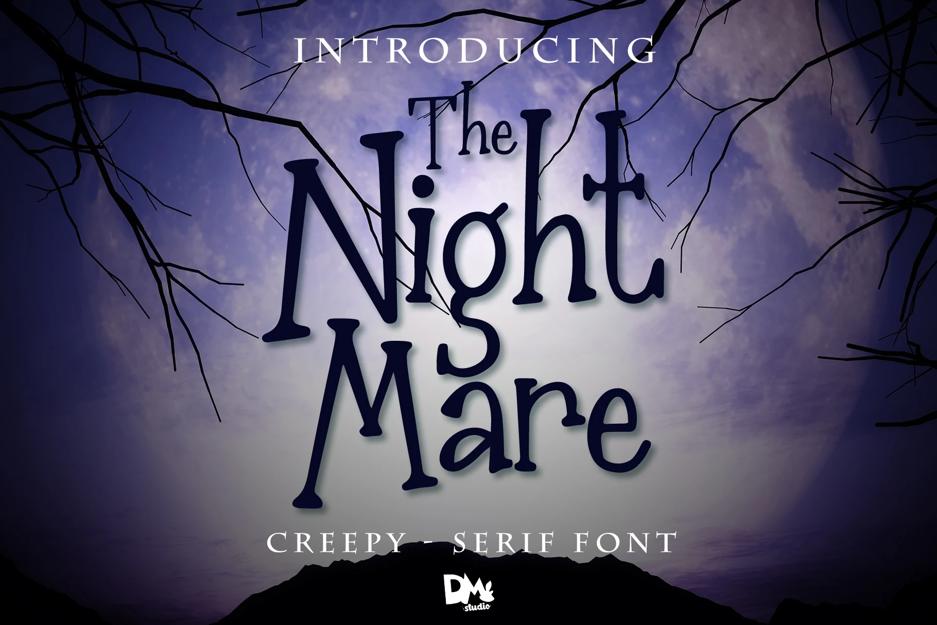 The Nightmare Font features irregular serif letterforms with elongated strokes, sharp terminals, and distressed shapes.