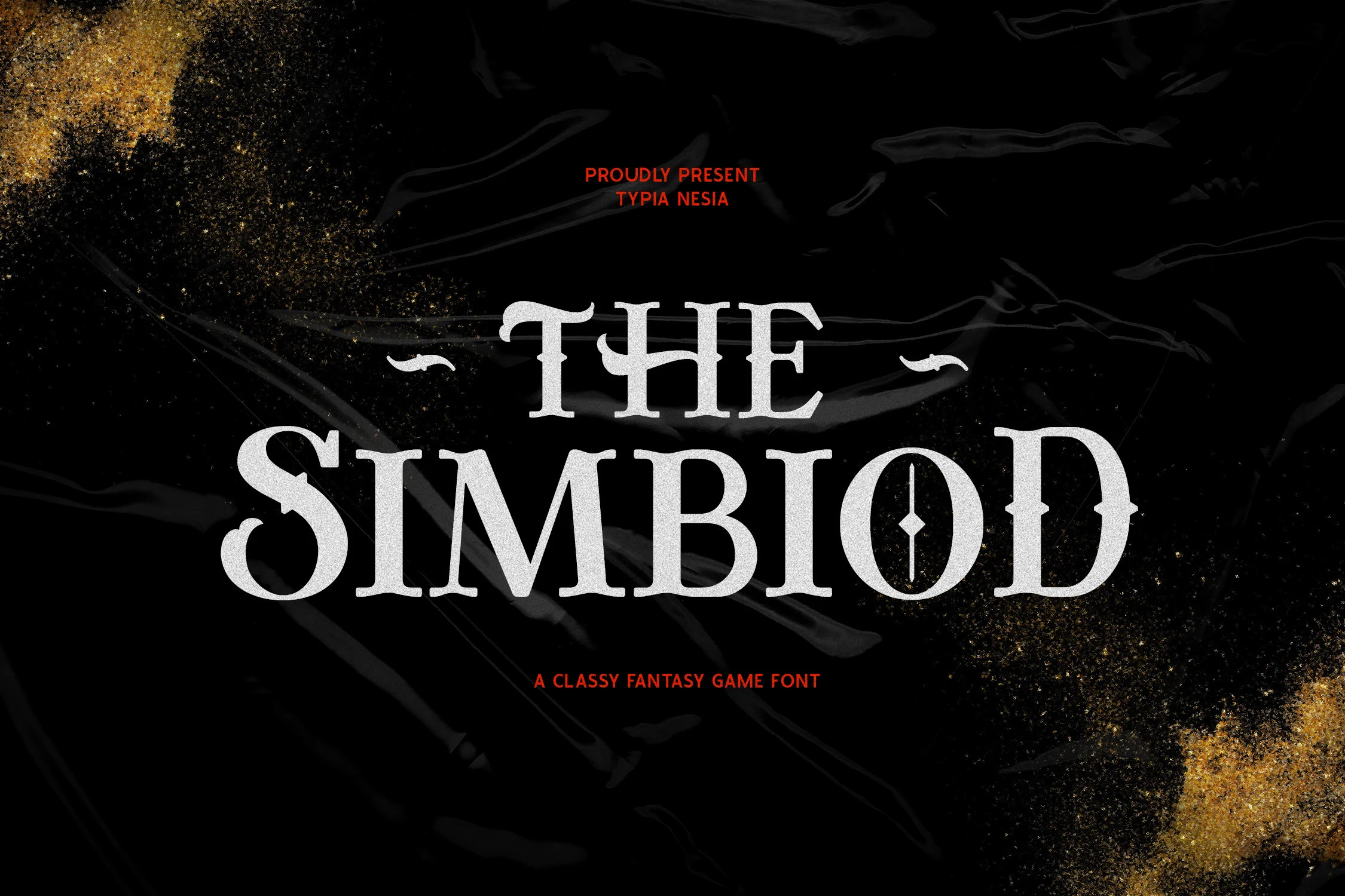 The Simbiod Font featuring high-contrast serif letters, sharp triangular serifs, and a decorative vertical stroke through the letter O.