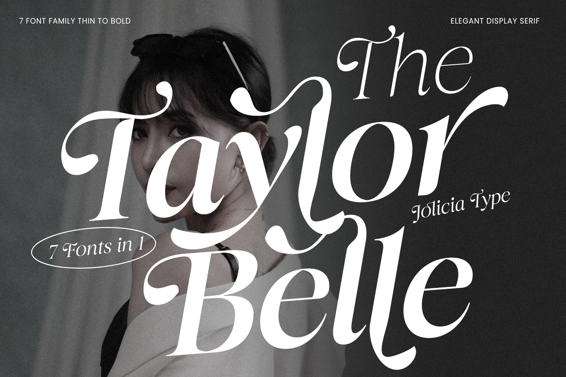The Taylor Belle Font features high-contrast strokes, ornate swashes, and decorative flourishes in an upright display serif style.