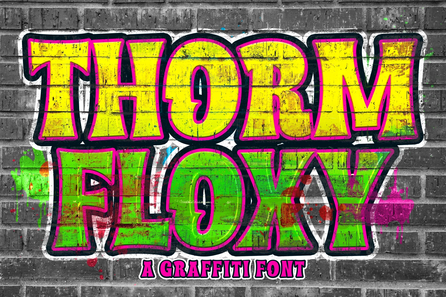Thorm Floxy Font features bold, chunky graffiti letters with angular terminals and a distressed texture.