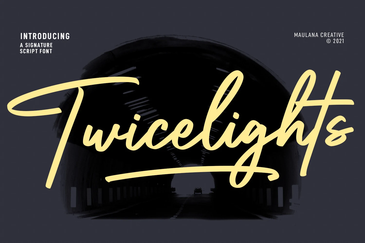 Twicelights Signature Script Font with connected cursive letterforms, elongated strokes, and decorative baseline swashes.