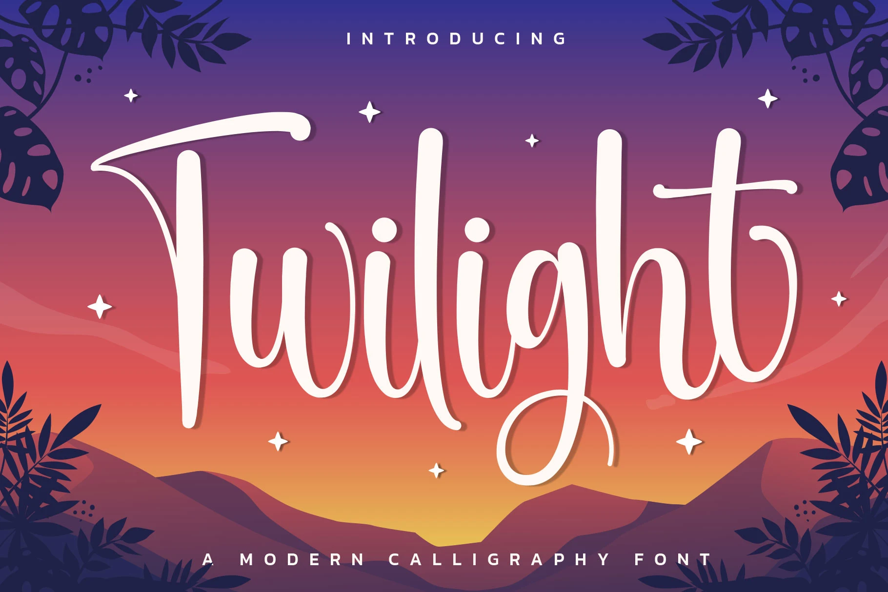 Twilight Font is a modern script calligraphy design with high-contrast strokes, connected lettering, and decorative swashes.