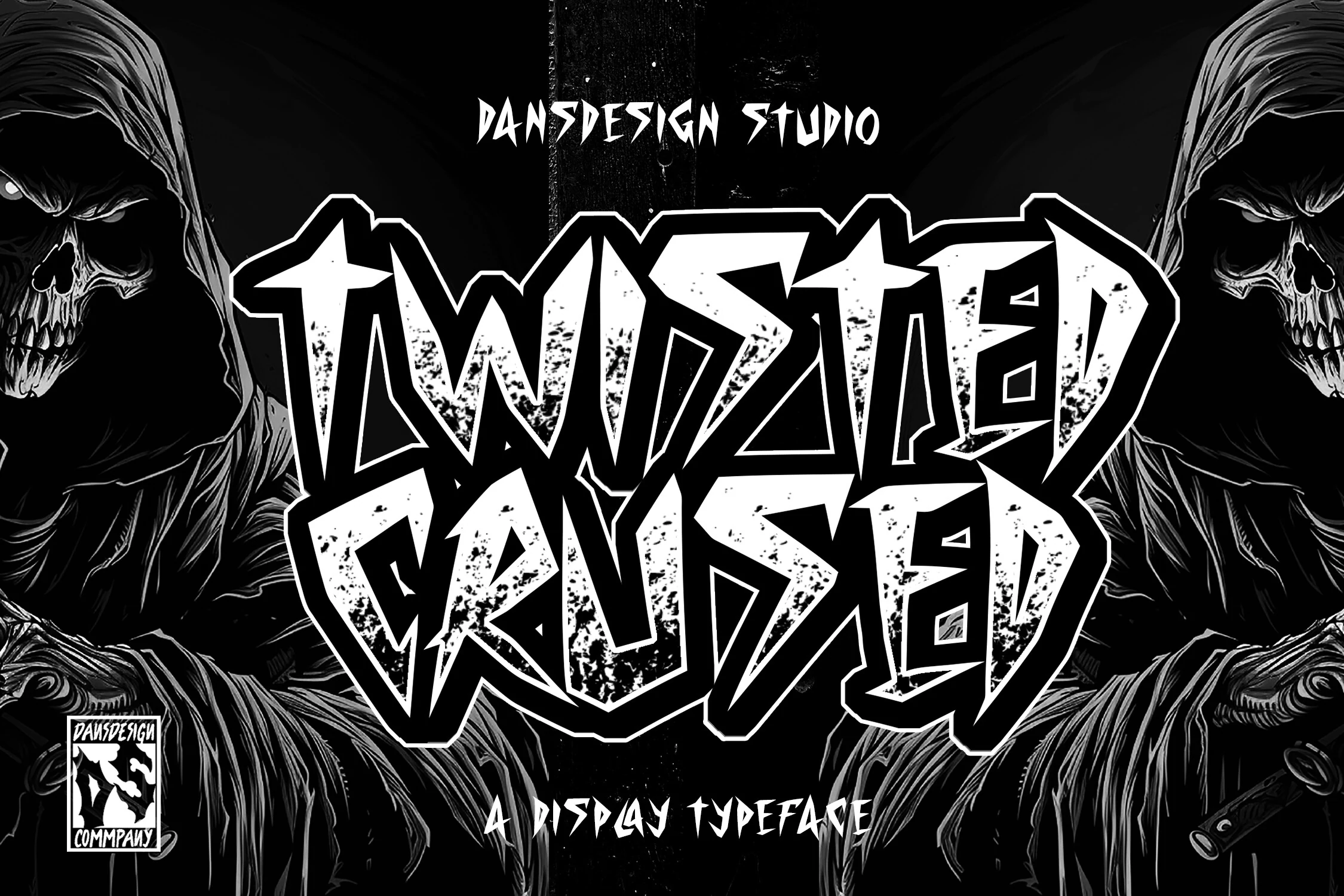 Twisted Crused Font featuring heavy condensed lettering with sharp angular terminals and a distressed gritty texture.