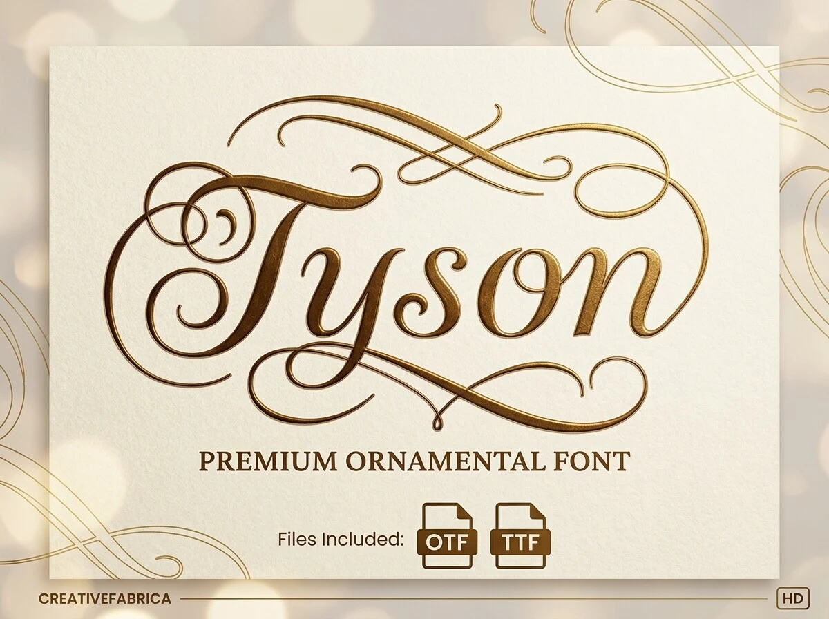 Tyson Font is a decorative calligraphic script with connected cursive letters, sweeping swashes, and high thick-to-thin stroke contrast.