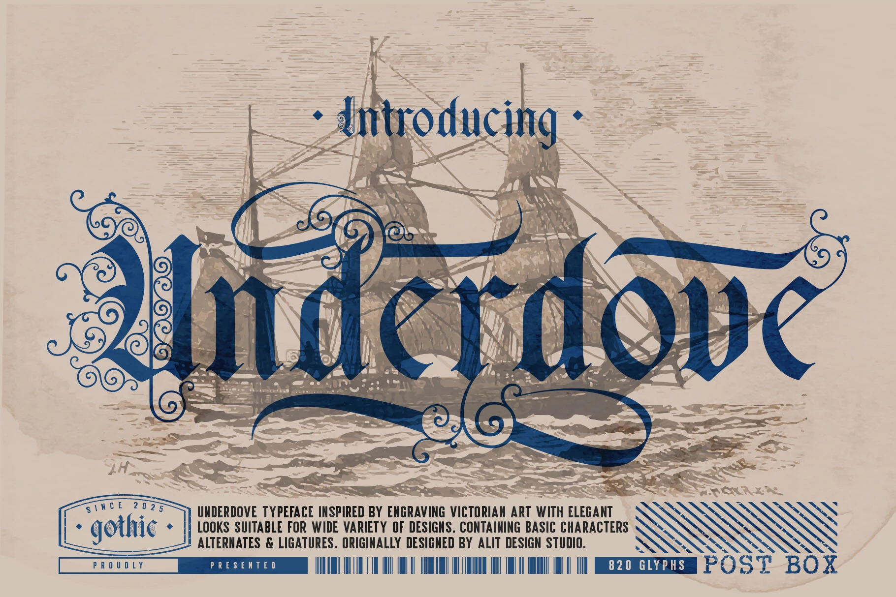 Underdove Font in an ornate blackletter style with angular Gothic forms, high stroke contrast, and elaborate flourishes.