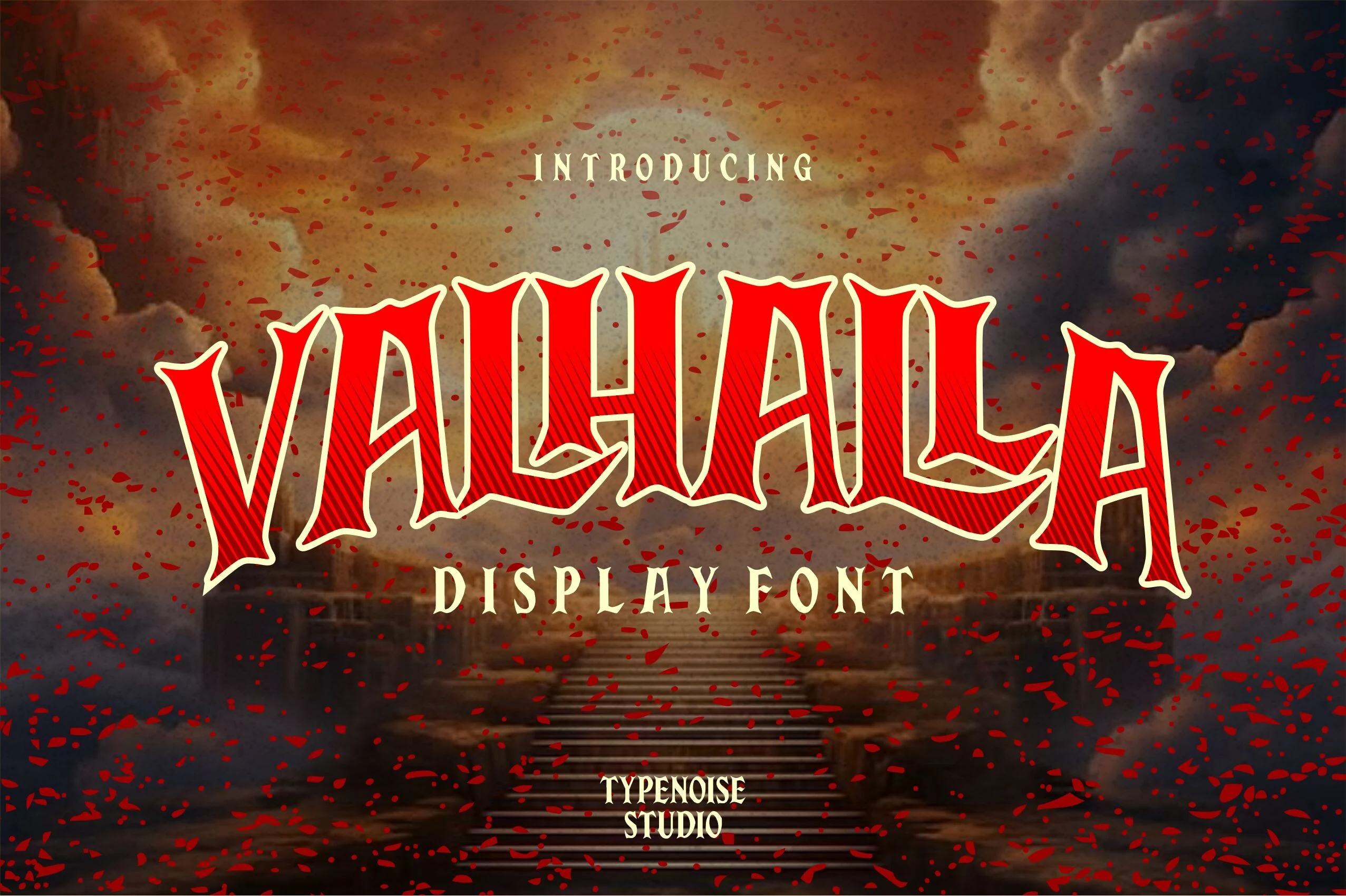 Valhalla Font displayed with bold condensed lettering, sharp angular terminals, and diagonal hatch shading.