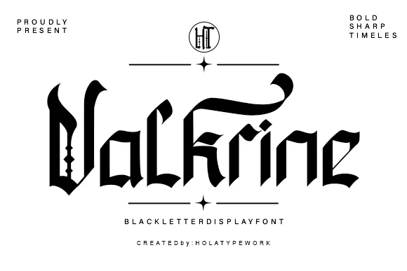 Valkrine Font is a heavy Blackletter display typeface with sharp angular terminals, strong vertical rhythm, and ornate letterform flourishes.