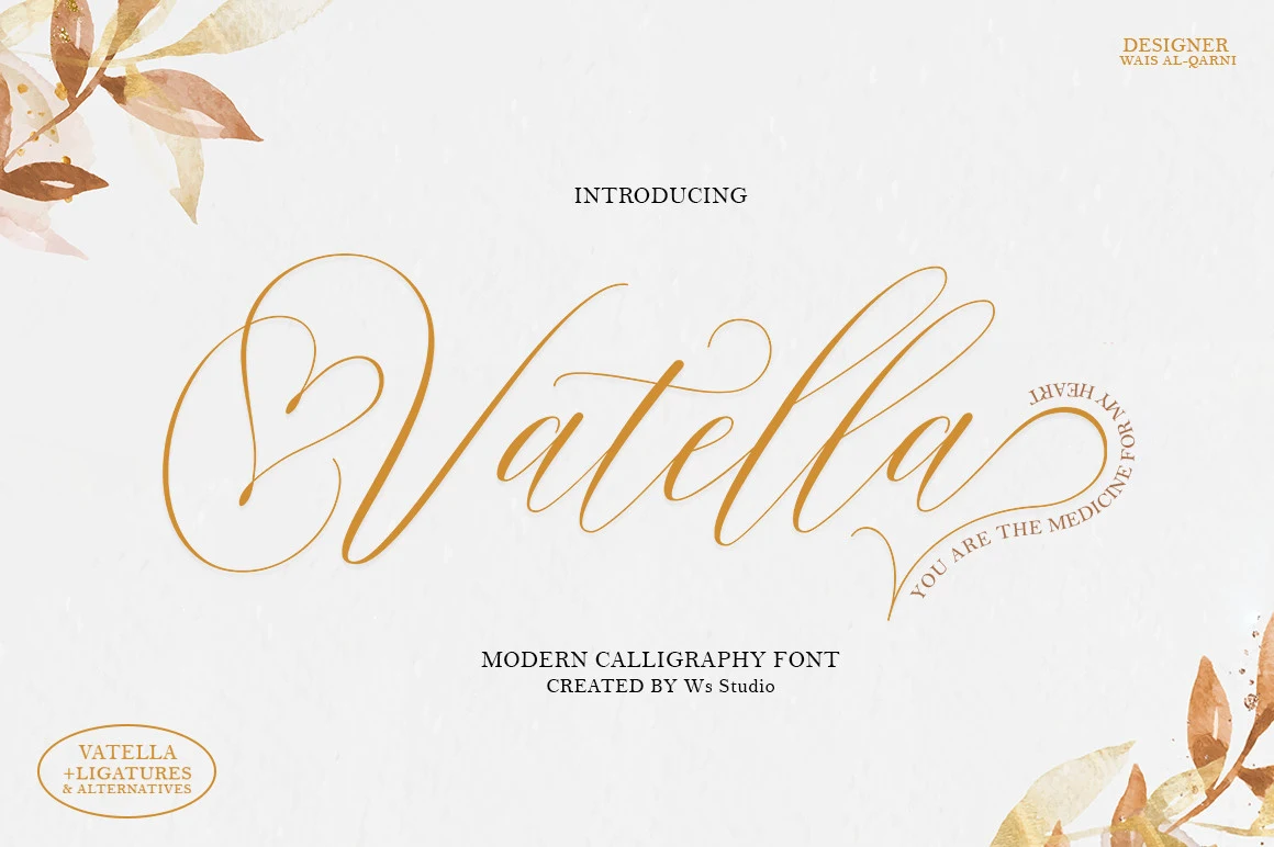 Vatella Font featuring connected cursive letterforms, high stroke contrast, and sweeping decorative swashes.