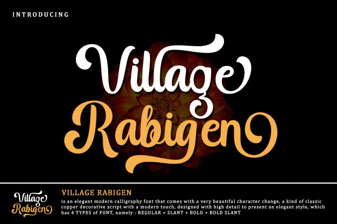 Village Rabigen Font showing connected high-contrast script lettering with sweeping flourishes.