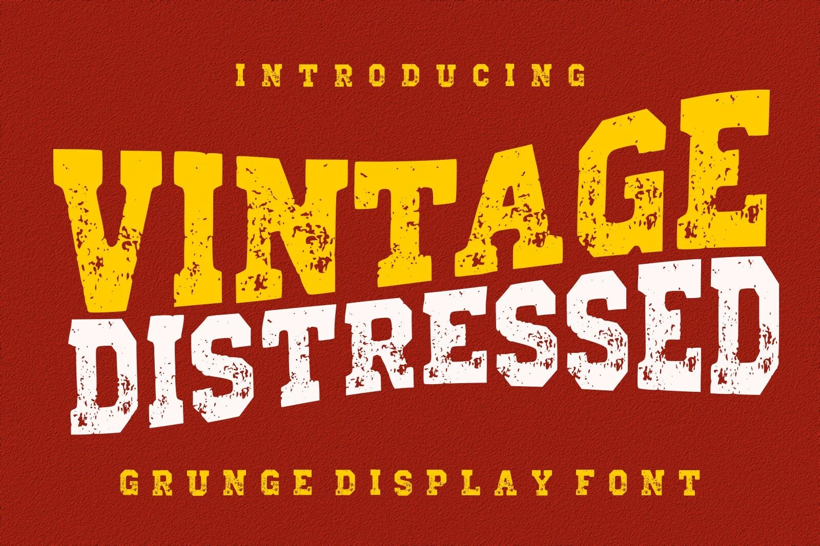 Vintage Distressed Font is a bold display typeface with blocky slab serifs, upright letterforms, and a heavily distressed texture.