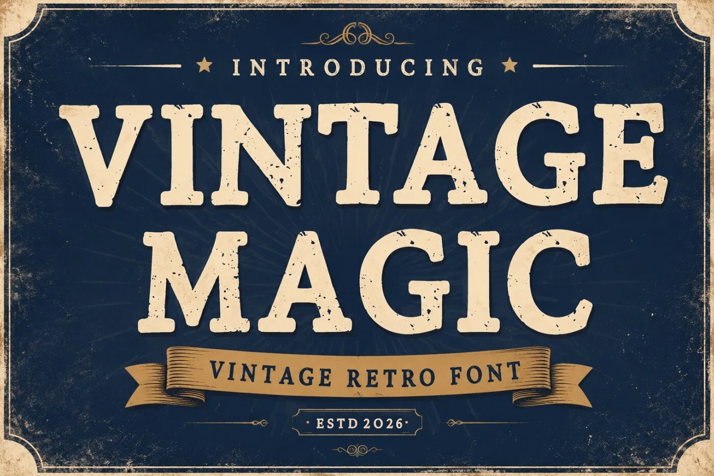 Vintage Magic Font with heavy slab serifs, stout rectangular letterforms, and distressed weathered texture.