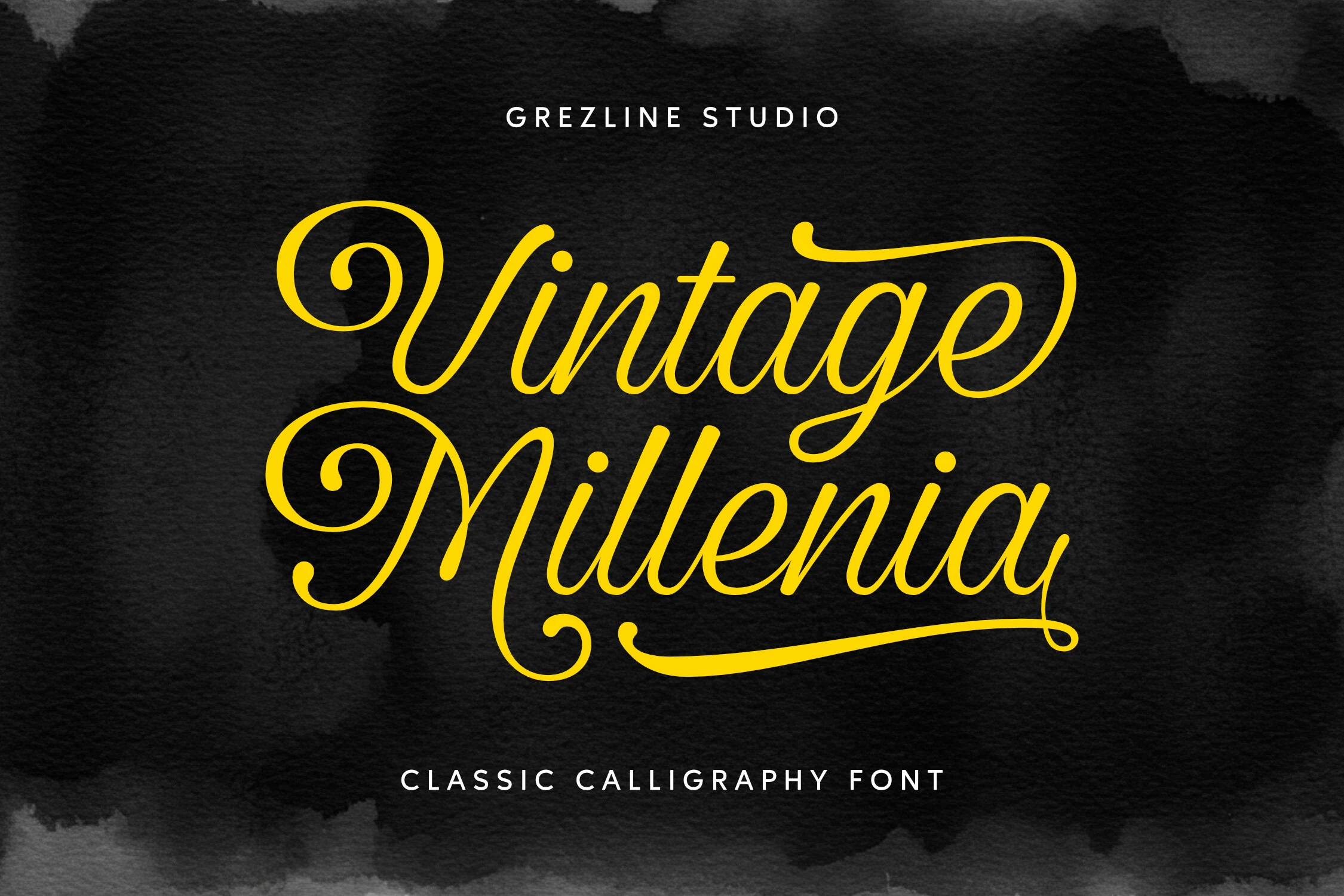 Vintage Millenia Font displaying connected cursive letterforms with high stroke contrast, pronounced rightward slant, and decorative swashes.