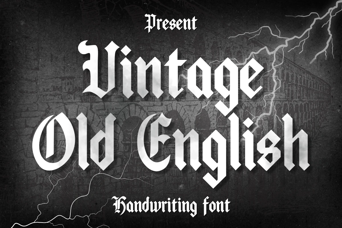Vintage Old English Font displayed in angular blackletter characters with pointed terminals and high stroke contrast.
