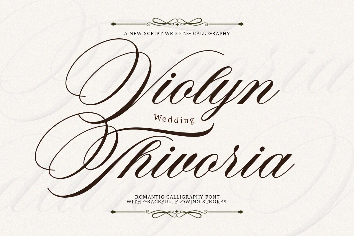 Violyn Wedding Thivoria Font in a connected, slanted calligraphy style with high-contrast strokes and ornate swash flourishes.