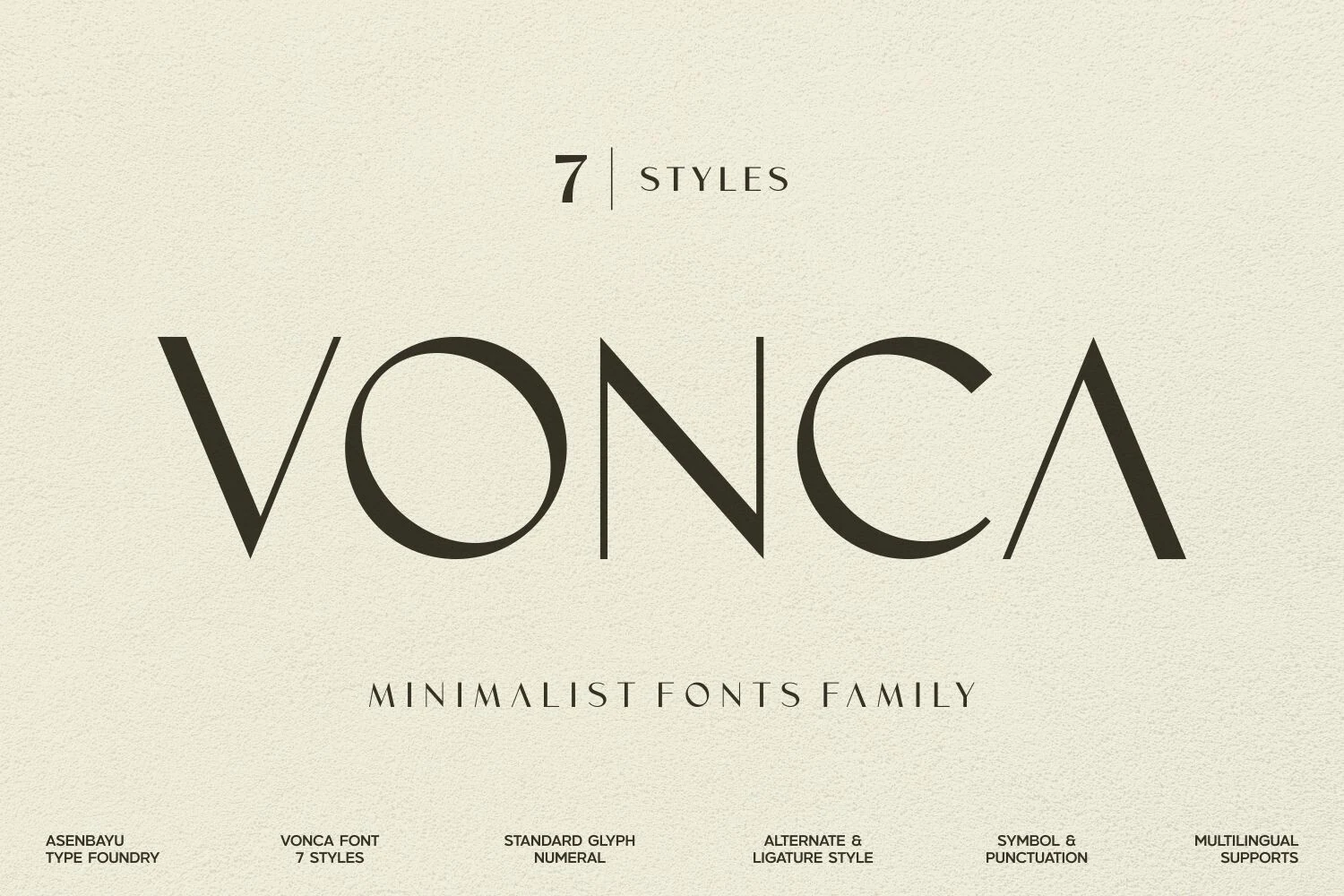 Vonca Font displays wide geometric sans-serif lettering with high stroke contrast, thin hairlines, and sharp flared terminals.