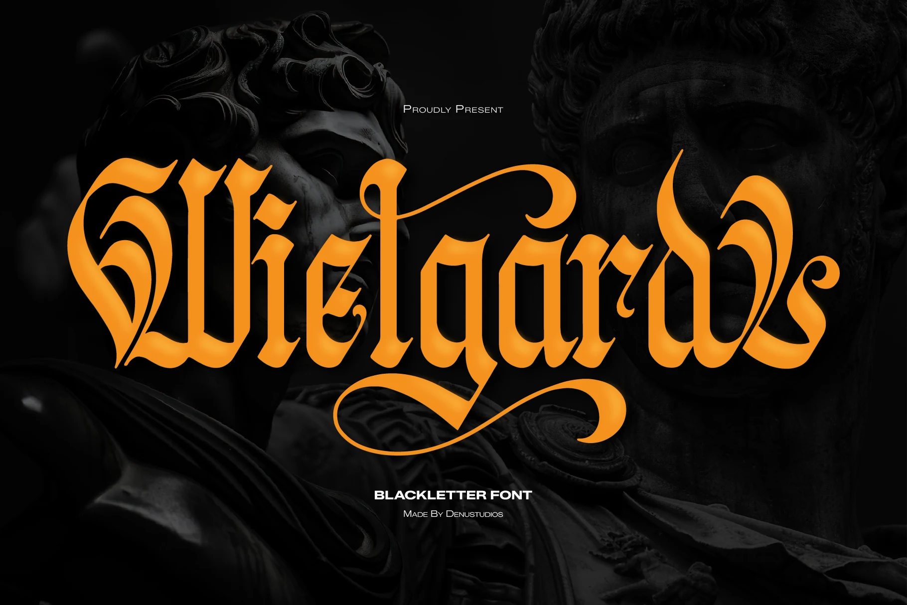 Welgards Font with angular blackletter forms, high-contrast strokes, and ornate swashes with extended terminals.