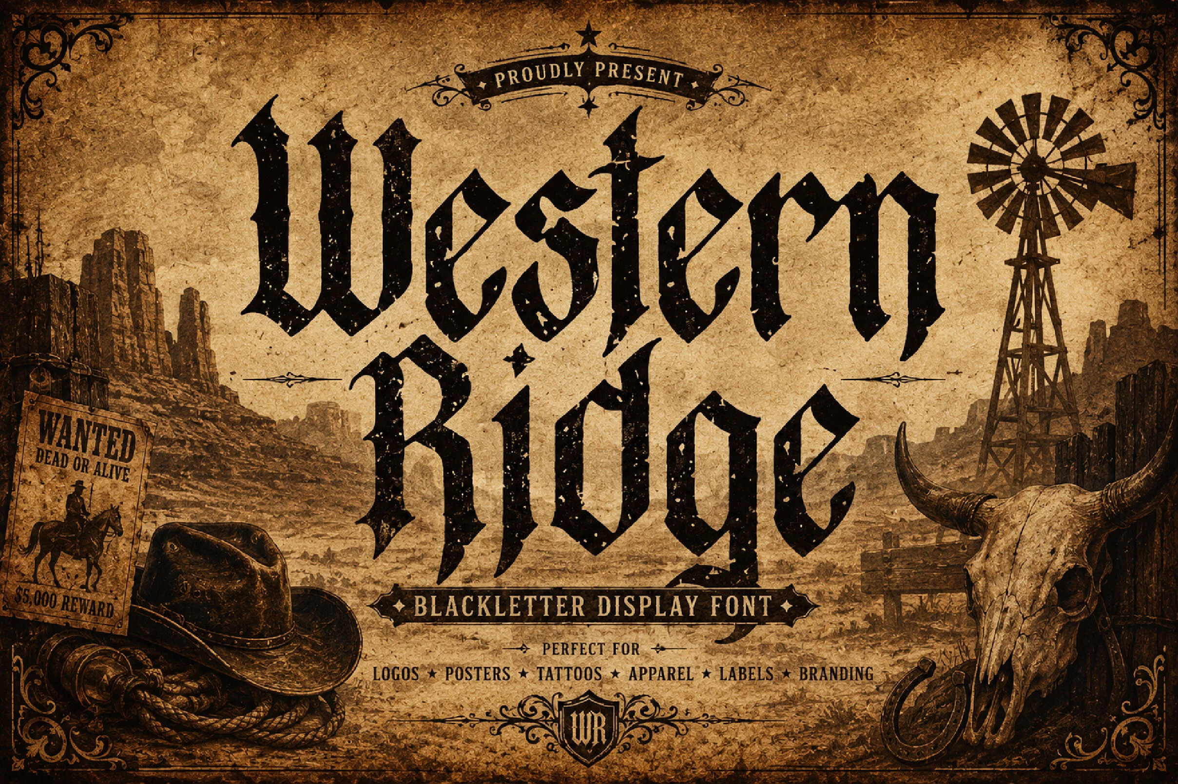 Western Ridge Font featuring a distressed blackletter display typeface with angular forms, sharp terminals, and strong stroke contrast.