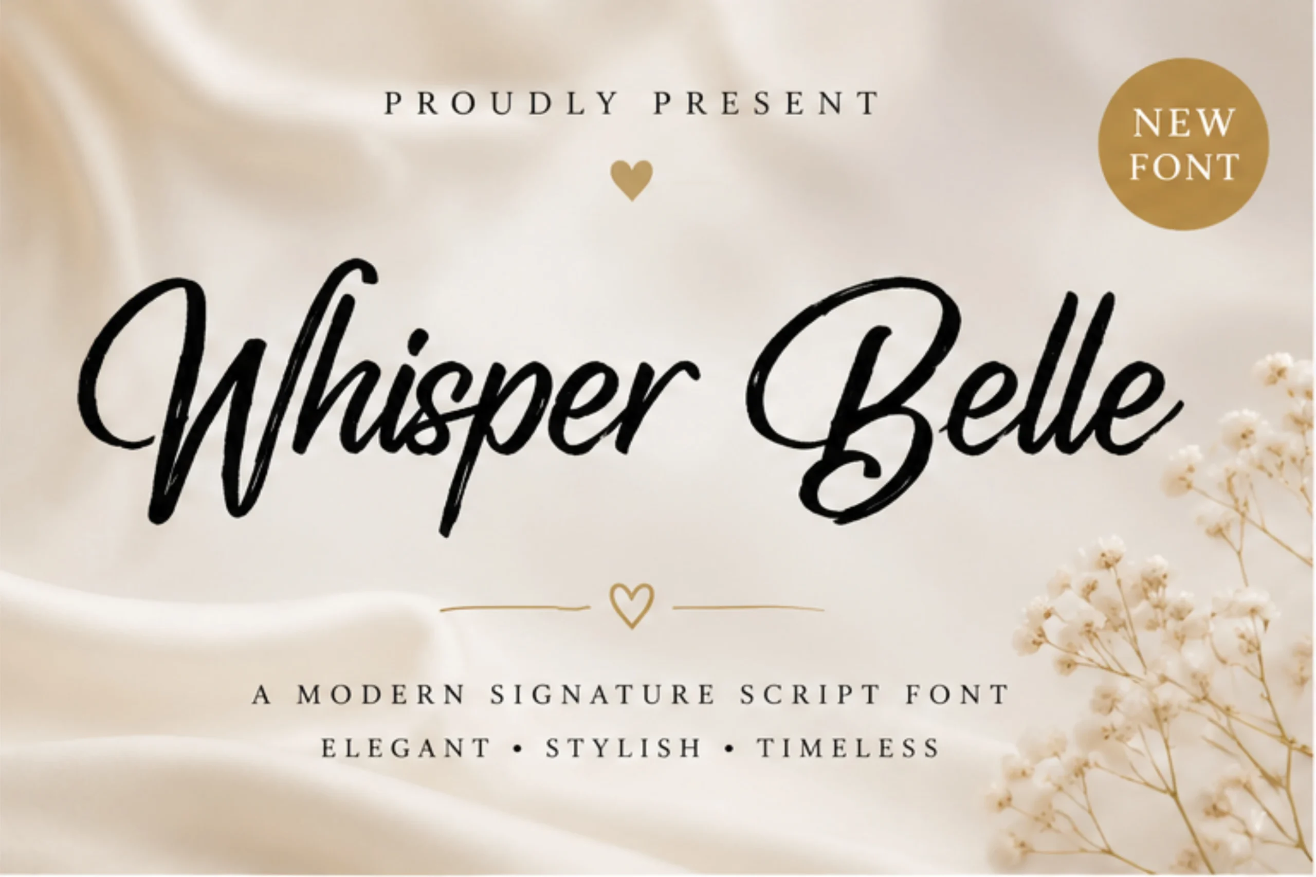 Whisper Belle Font featuring high-contrast connected script letters with a moderate rightward slant and rounded terminals.