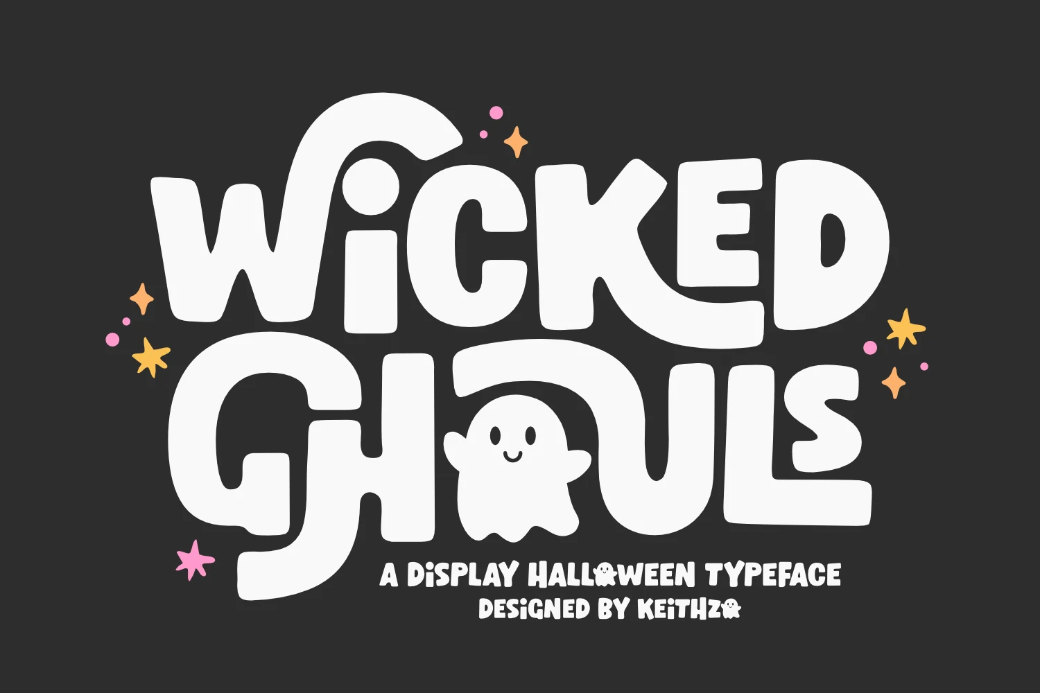 Wicked Ghouls Font is a bold, rounded display typeface with thick strokes, organic blob-like shapes, and a whimsical upright appearance.