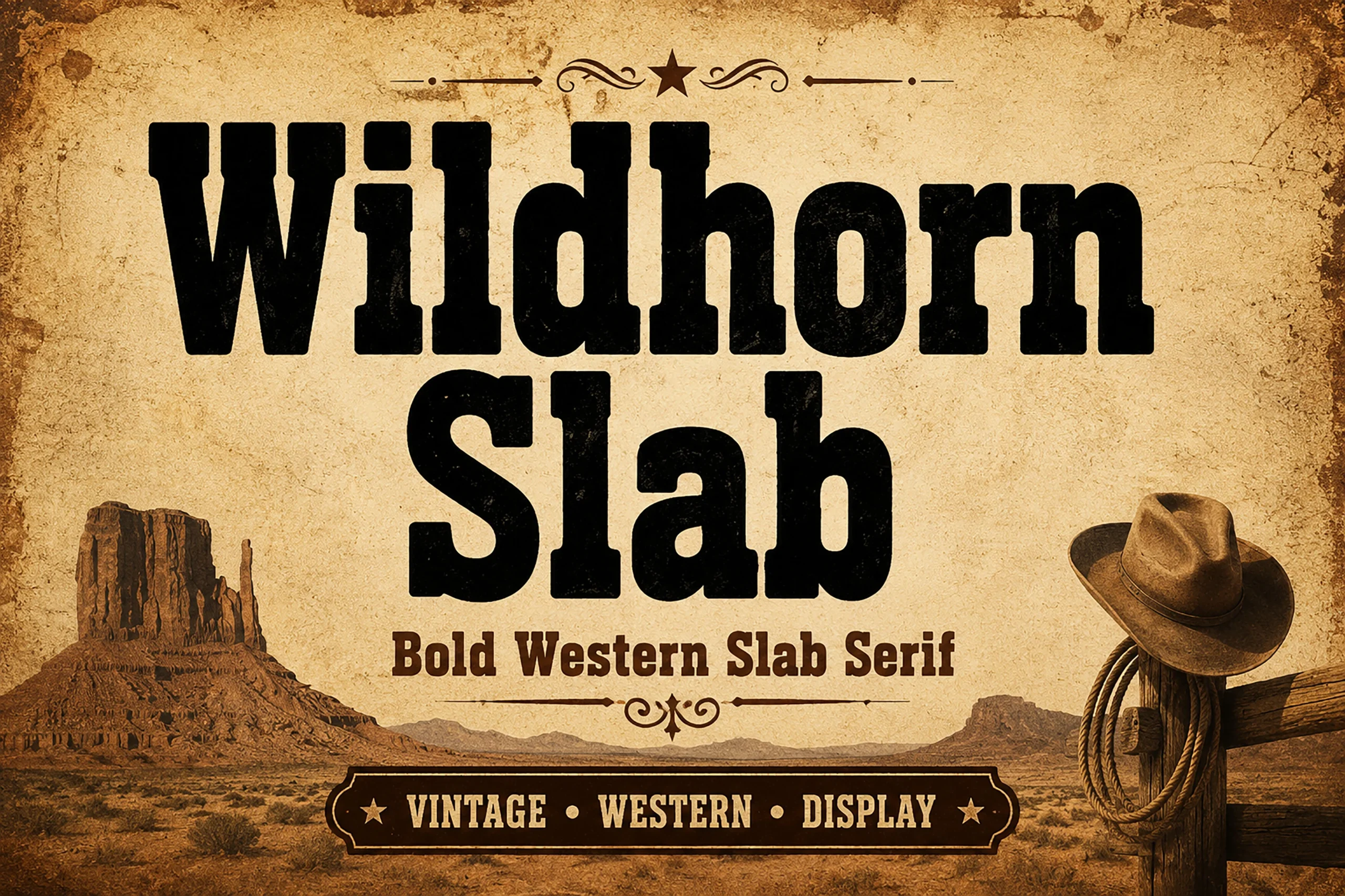 Wildhorn Slab Font features heavy upright letterforms, thick rectangular slab serifs, and high stroke contrast.