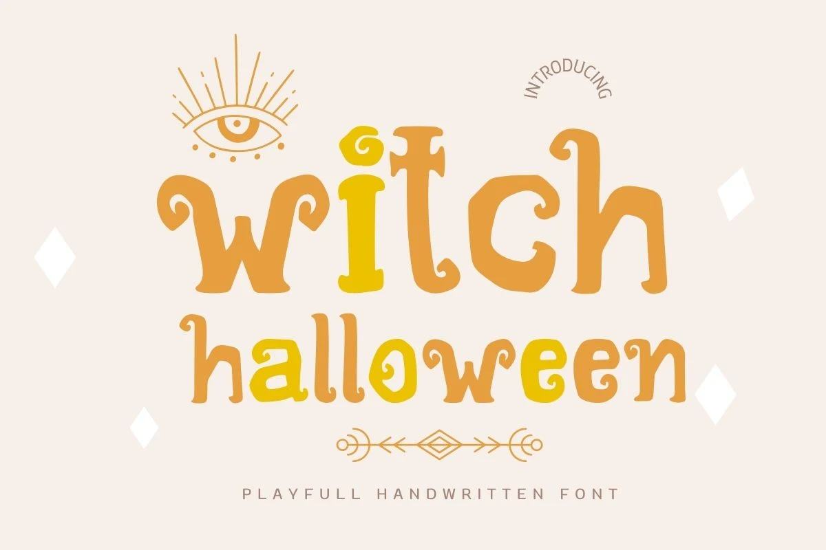 Witch Halloween Font featuring playful hand-drawn letters with irregular rounded shapes and flared terminals.