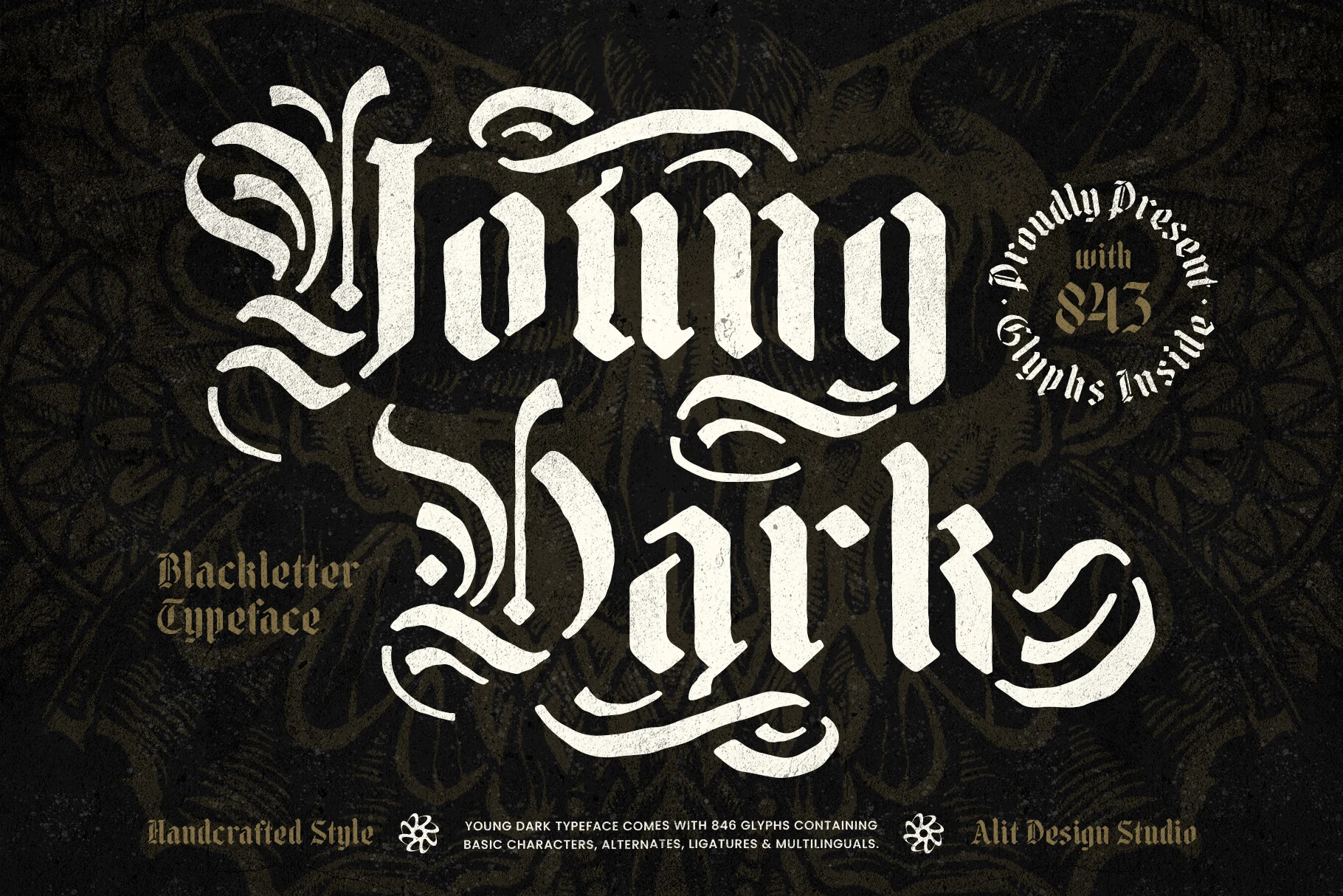 Young Dark Font featuring high-contrast blackletter forms with decorative swashes and a distressed textured finish.