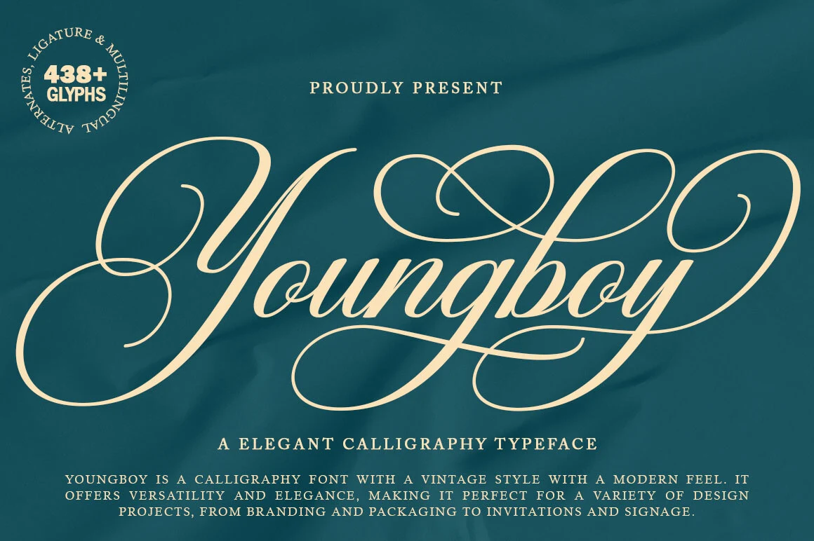 Youngboy Font featuring interconnected cursive letterforms, high stroke contrast, and sweeping terminal flourishes.