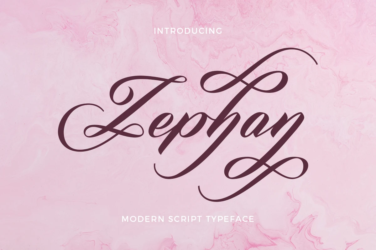 Zephan Font displayed in an ornate, high-contrast script with connected letters and sweeping flourishes.