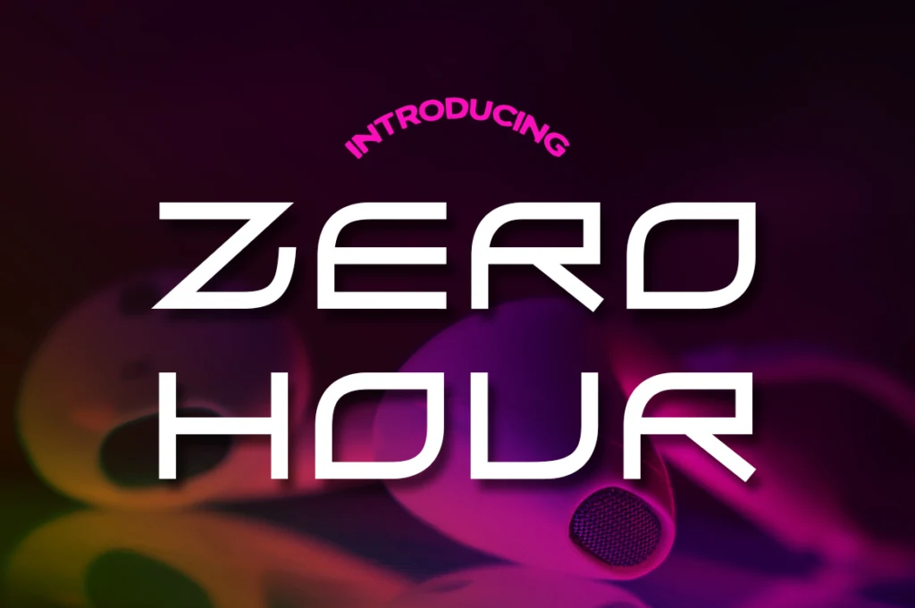 Zero Hour Font in heavy, wide-set geometric lettering with angular corners and high-contrast stroke endings.