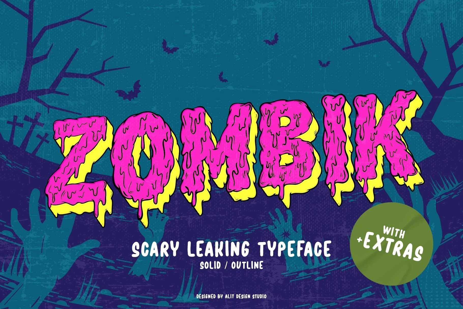 Zombik Font with heavy upright letters, irregular dripping surfaces, and a three-dimensional shadowed appearance.